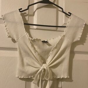 Windsor Ivory Ribbed Tie-Front Crop Top